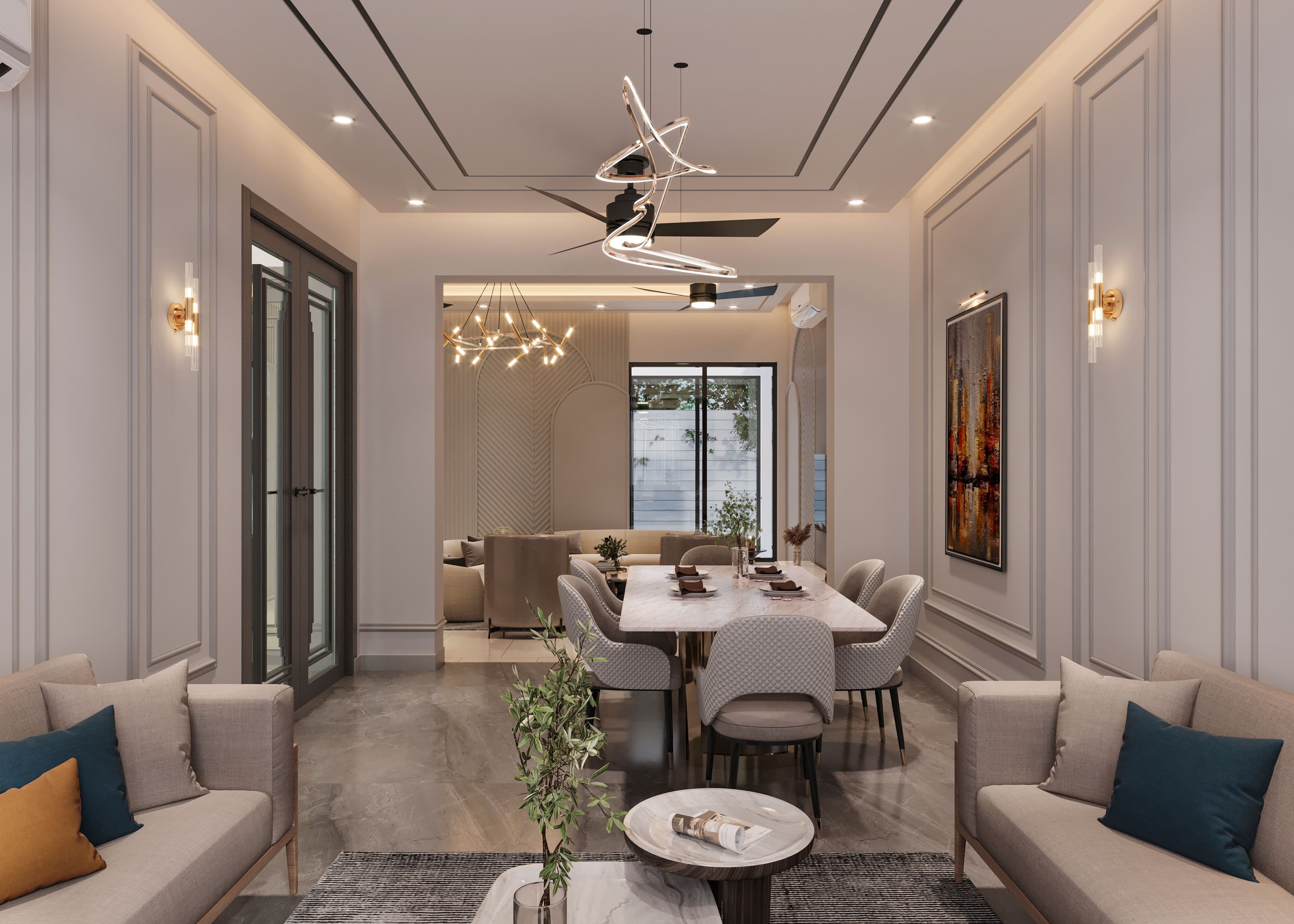 Living și zonă de dining într-o casă premium, cu tavane înalte, lemn natural și lumină naturală — direcția de design VARENO