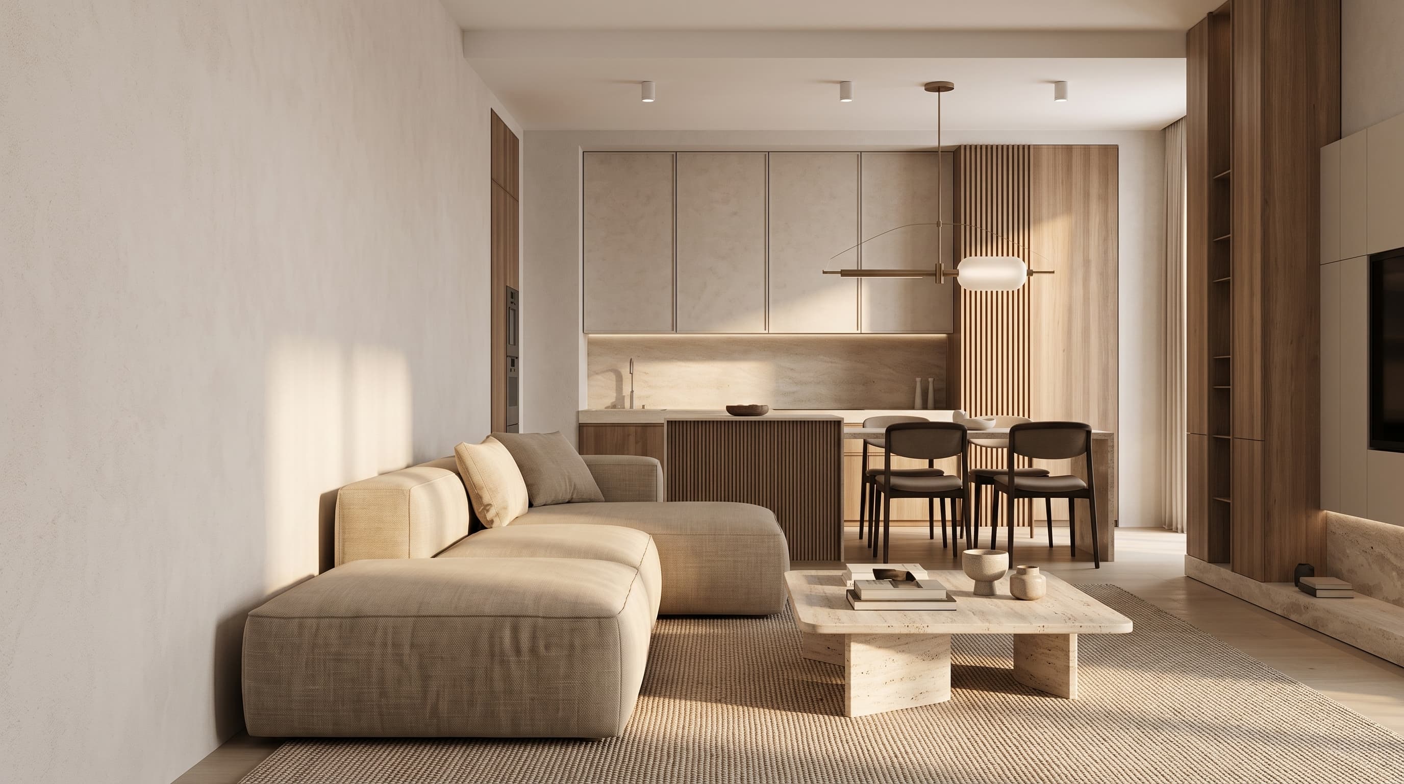 Living open-space conectat cu zona de bucătărie și dining — direcția de design VARENO